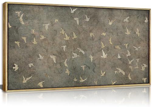 Large Wood Framed Bird Silhouette Wall art,Vintage-Inspired Flying Birds Canvas Print,Rustic Natural scenery Picture Poster,Modern Art Calm Warm Painting Artwork for Bedroom Living Room Office