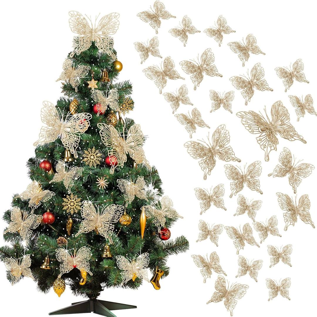 Jutom 36 Pcs Christmas Tree Butterfly Ornaments 3 Sizes 3D Glitter Hollow Butterfly Decorations Xmas Butterflies Wall Hanging Decor with Clips and Stems for Christmas Tree Wreath (Champagne Gold)