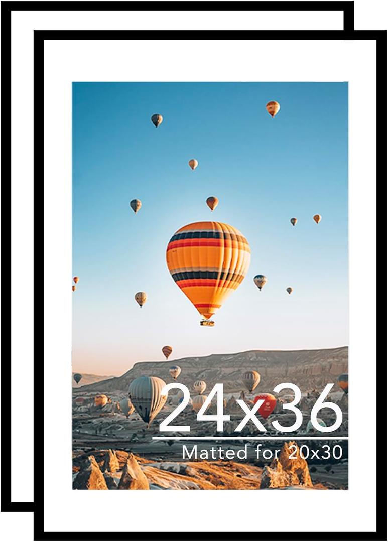JCJMY 24x36 Picture Frame with 20x30 Mat Set of 2, Display Photo 20x30 with Mat or 24 x 36 Without Mat, Wall Hanging Large 24 by 36 Poster Frame with Plexiglass, 2 Pack, Black