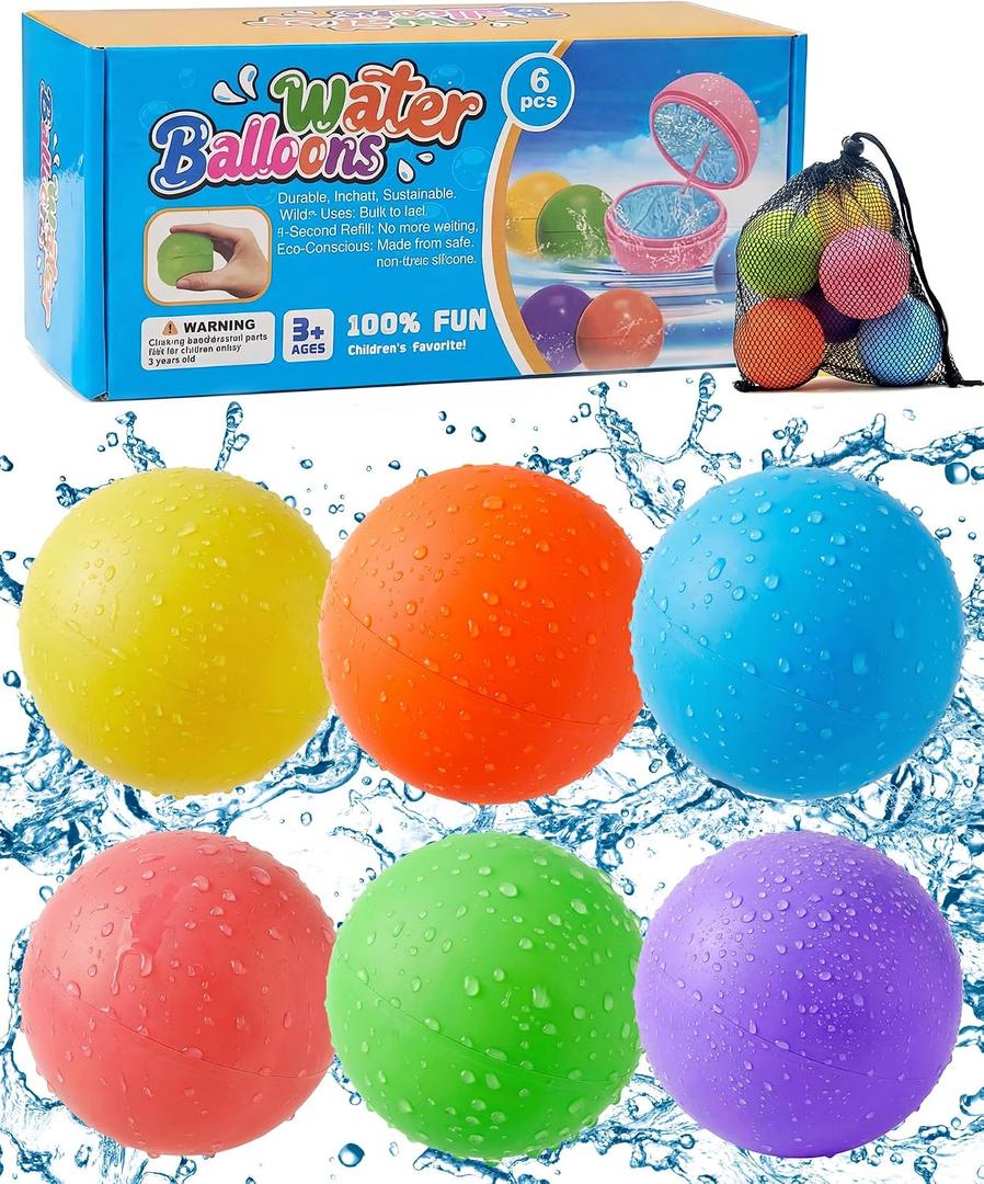 Reusable Water Balloons 6 Pcs, Quick-Fill Summer Water Toys for Pool Parties & Outdoor Beach Backyard Games, Durable Splash Balls for Kids