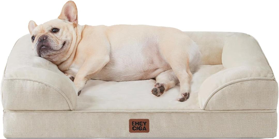 EHEYCIGA Orthopedic Dog Bed for Medium Dogs, Waterproof Memory Foam Medium Dog Beds with Sides, Non-Slip Bottom and Egg-Crate Foam Pet Couch Bed with Washable Removable Cover, Beige (30.0"l X 20.0"w X 6.5"th)