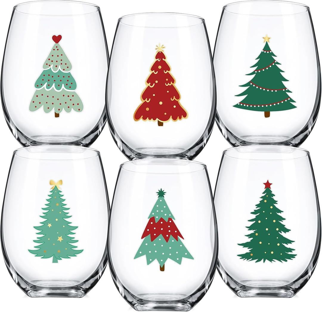 Umigy Set of 6 Christmas Stemless Glass, 12 oz Christmas Winter Glassware Funny Holiday Glass Drinkware Mug Cup, Merry Xmas Gift for Holiday Festive Gatherings(Red Green Xmas Tree)