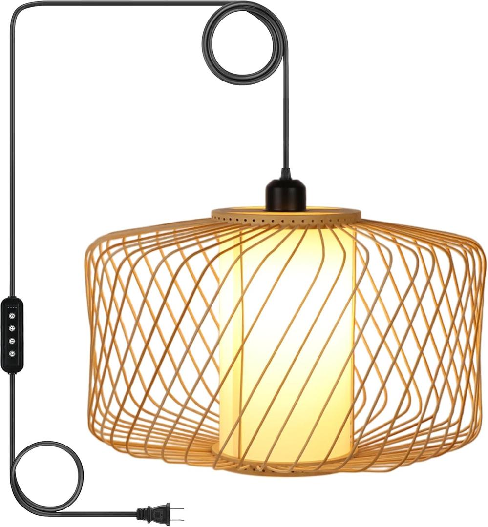 Plug-in Pendant Light Rattan Hanging Lamp, Boho Hanging Lights with Woven Lampshade, 3-Way Dimmable & Timmer Setting Ceiling Light Fixture for Living Room, Bedroom, Farmhouse (Bamboo Oval)