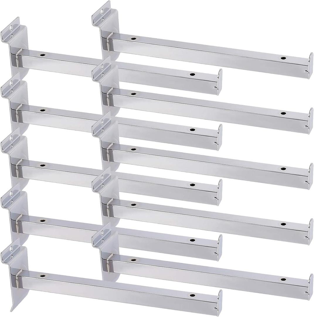 10 PCS 10 Inch Sliver Slatwall Shelf Bracket, Metal Slat Wall Hanging Display Hooks, Heavy Duty Slat Wall Shelves Accessories, Slatwall Hangers for Exhibition and Organization Retail Products