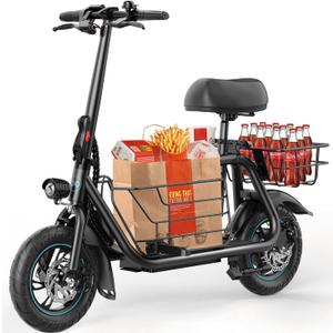 Electric Scooter with Seat, 300W Motor, 15.53MPH Top Speed, 20 Miles Range, Adults E-Scooter with Large Storage Basket for Pets Dogs and Items C1S-PLG