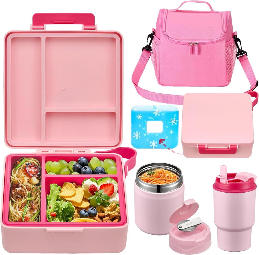 Bento Lunch Box for Kids with 17oz Soup Thermo, Insulated Tumbler Water Bottle and Insulated Lunch Bag, Leak-Proof 3 Compartment Lunch Food Container with with Ice Pack for Kids to School, Pink
