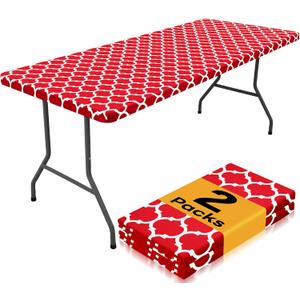 Smiry 2 Pack Rectangle Table Cloth 8 Foot, Waterproof Elastic Fitted Tablecloths, Windproof Washable Polyester Table Cover for Picnic, Camping, Outdoor (Red, 30"x96")