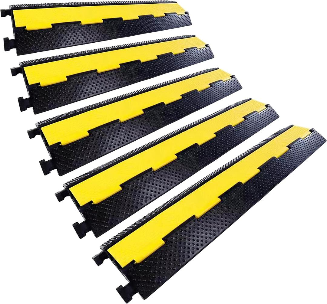 Rubber Cable Ramp Cord Cover Cable Protector Ramps Wire Hose Protective 2 Channel 22000Lbs Load Capacity Traffic Speed Bump for Asphalt Concrete Gravel Driveway Indoor Outdoor, 5 Pack