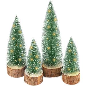 4Pcs Mini Christmas Trees with Light Small Artificial Bottle Brush Trees with Wooden Base Miniature Pine Tree Table Top Decoration for Party Home Xmas Holiday