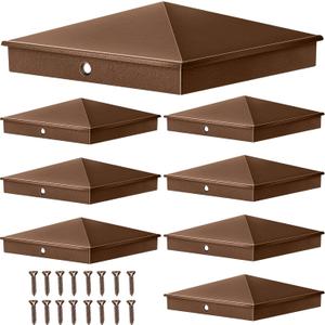 Dunzy 8 Pcs 6 x 6 Post Caps Aluminum Pyramid Cap Decorative Fence Post Covers Works Only for Actual 5.5 x 5.5'' Wood Metal Sleeve with Screws for Decks Corridors Mailbox Pole(Brown)