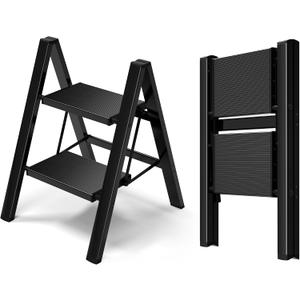 HillhutApex 2 Step Ladder, Lightweight Portable 2 Step Stool with Anti-Slip Wide Pedal, 330lbs Capacity Aluminum Ladder for Household, Office, Library (Black)