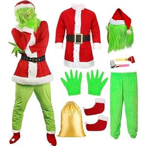 Christmas Green Furry Monster Santa Costume for Men 8 PCS Deluxe Adult Santa Suit Xmas Holiday Outfit Set Include Mask 