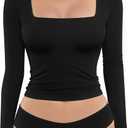MANGOPOP Women's Square Neck Top Double Lined Short Sleeve Long Sleeve T Shirt Fitted Seamless Tee (Black, S)