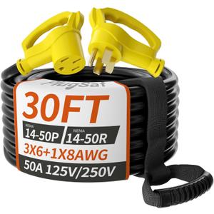 30 FT 50 Amp RV/EV Extension Cord Outdoor with Grip Handle, 4 Prong Flexible Heavy Duty 6/3+8/1 Gauge STW RV Power Cord Waterproof, NEMA 14-50P to 14-50R, Black-Yellow, ETL Listed