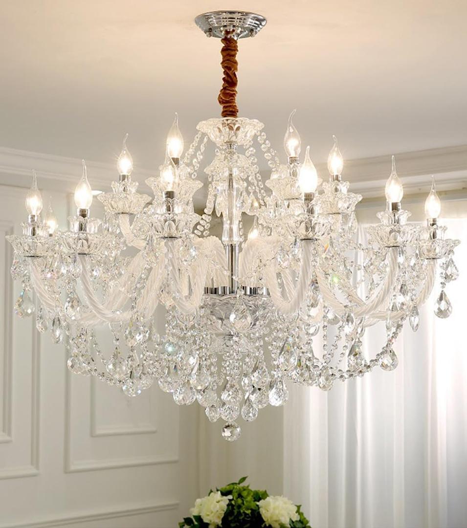 Clear Crystal Chandelier, K9 Crystal 18 Lights, E12 Bulbs, Modern Ceiling Lamp for Living Room, Bedroom, Dining Room, UL-Listed, Easy to Install (18-Light)