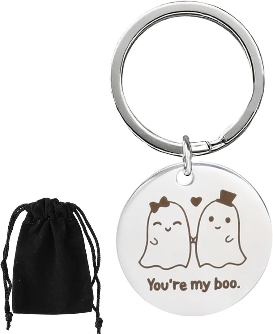 3 x Halloween Ghost Keychain, Halloween Keychain Boo Basket Stuffers for Women, Metal Spooky Gifts, With a Flannel Bag