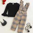 Renotemy Toddler Baby Girl Clothes Fall Winter Overalls Jumpsuit Ribbed Knit Sweater Plaid Suspender Pant 2PCS Outfits 12M-4T (12-18 Months, Black Brown Plaid)