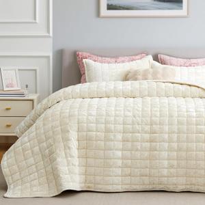 BEDELITE Velvet Quilt Set King Size - Lightweight Luxury Quilted Bedding Set,Soft Cozy Cream White Comforter Set,3 Pieces Oversized Bedspread Coverlet for All Seasons with 2 Pillow Shams