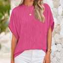 PRETTYGARDEN Women's Tops 2025 Summer Casual Crewneck Short Sleeve Textured Shirts Going Out Work Blouse Basic Tunic Top (Pink, L)