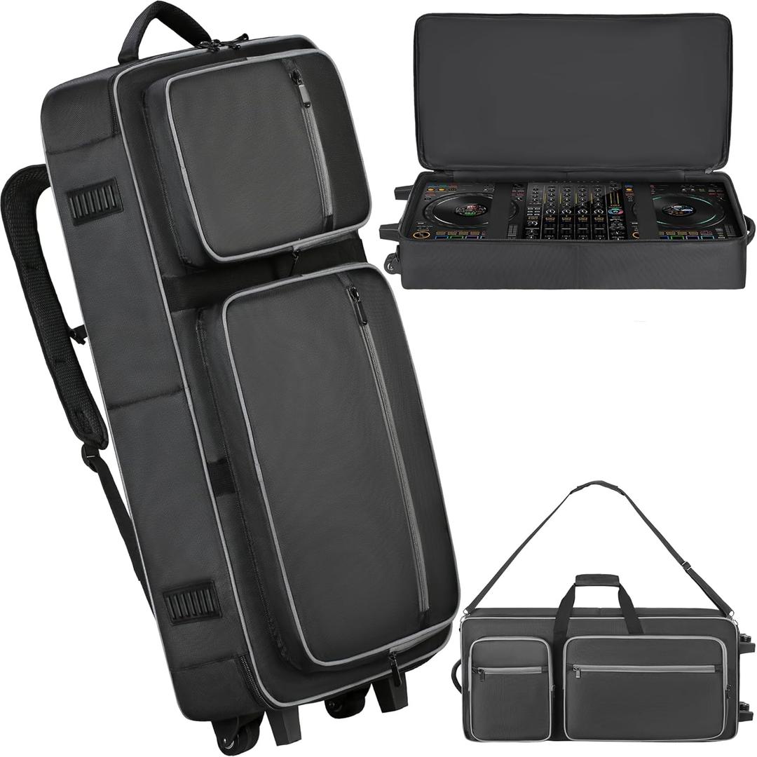 DJ Controller Case with Wheels Compatible with DDJ FLX10 / DDJ-GRV6 / 1000 / 1000SRT / REV7 / REV5 / SC LIVE 4, Rolling DJ Bag Padded Backpack Soft with Multi-pocket for DJ Controller and Accessories (Medium)