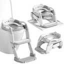 3-in-1 Baby Potty Training Seat with 2 Step Ladder, Splash Guard Anti-Slip Pad, Height Adjustable Toddler Toilet Seat with Soft Cushion for Kids Boys Girls(Grey)