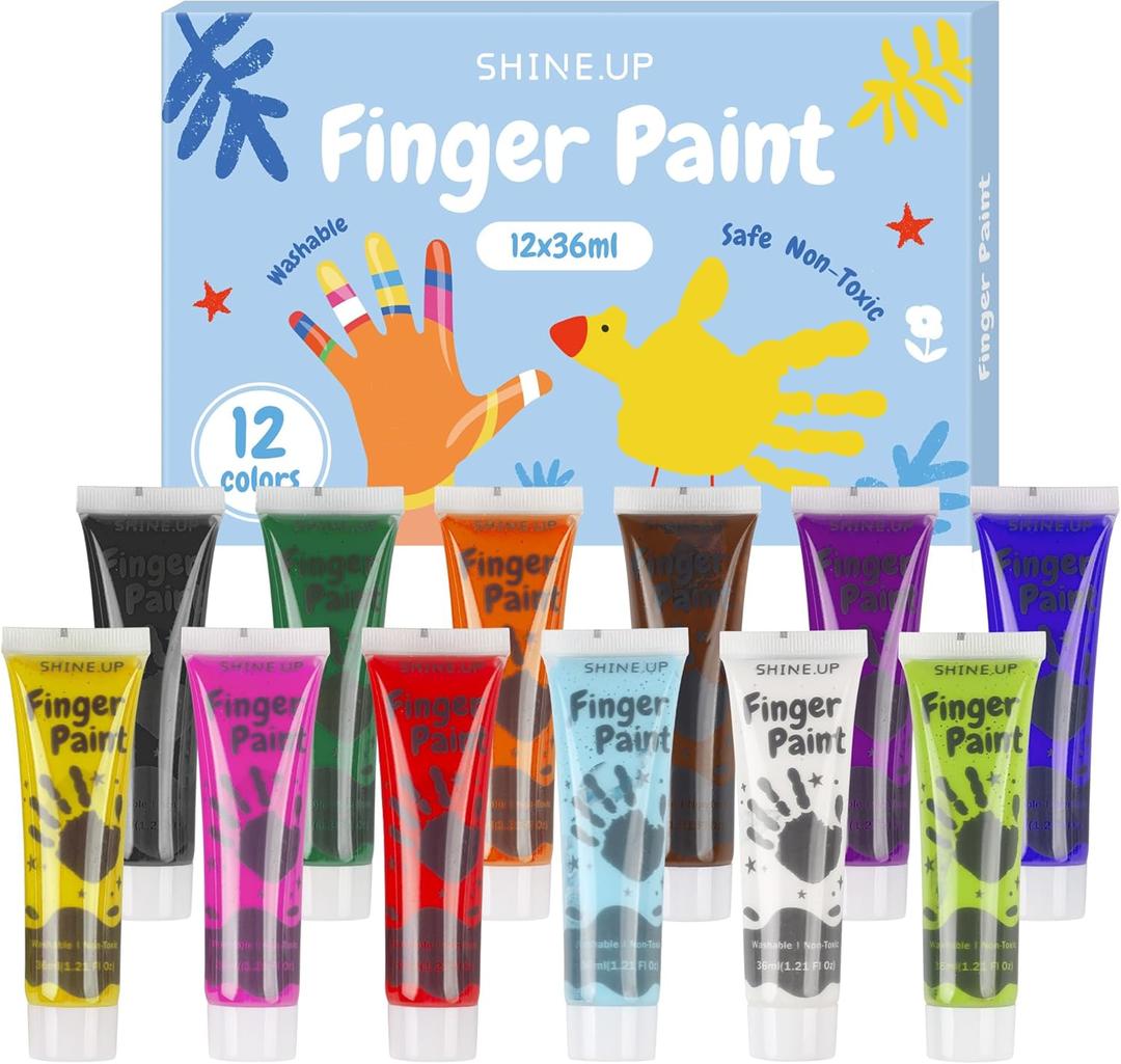 Washable Finger Paint for Kids, Non Toxic Toddler Art Supplies, 12 Vibrant Colors(1.21fl oz), Baby Safe Paint for Hand and Feet, Arts and Crafts Gifts for Ages 3 4 5 6+ Year Old Boys Girls