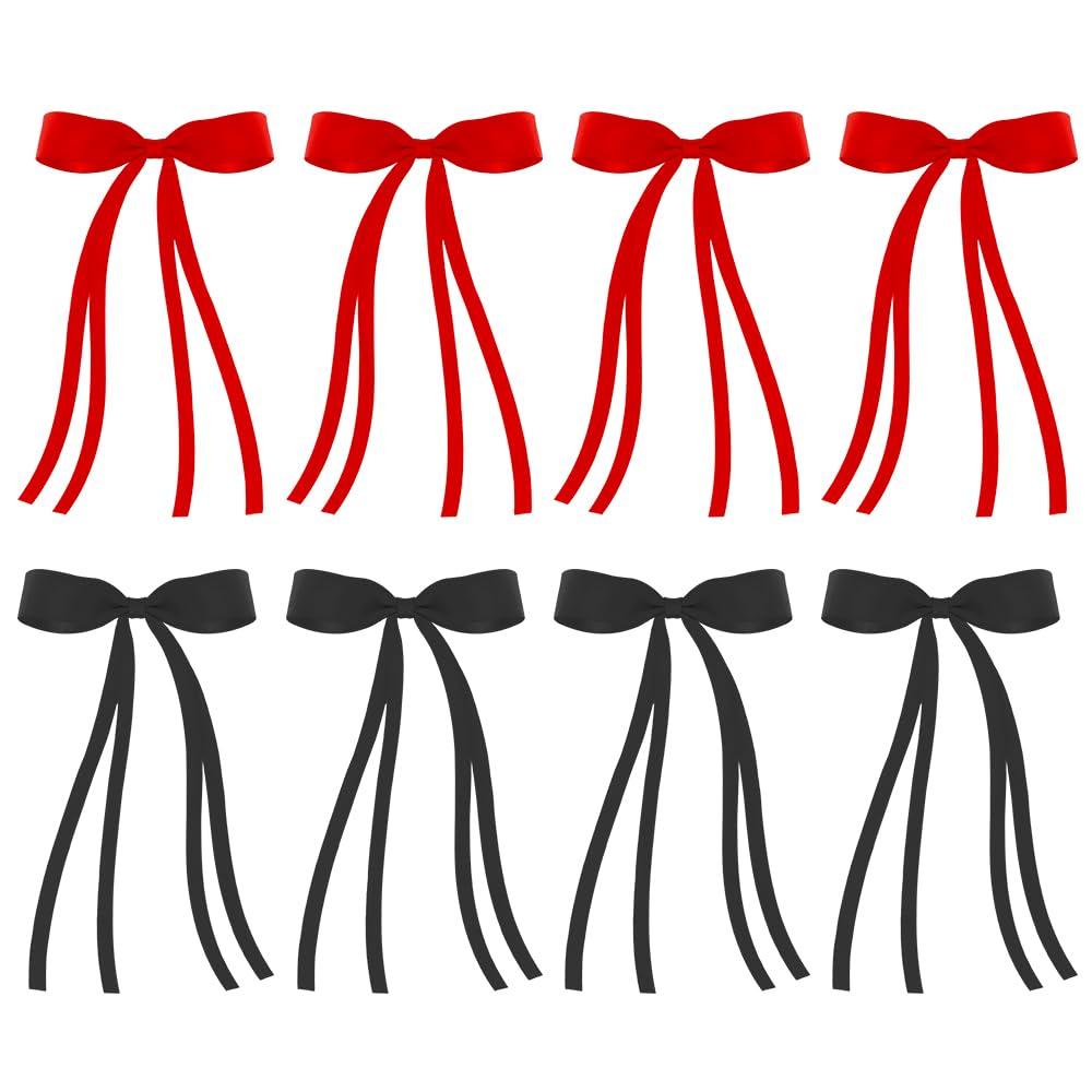 4 x Hair Clips for Women Girls Cute Hair Pins with Bows Hair Ribbons for Long Tail Butterfly Barrettes Bowknot Cute Hair Accessories Black Red, 8 Pack