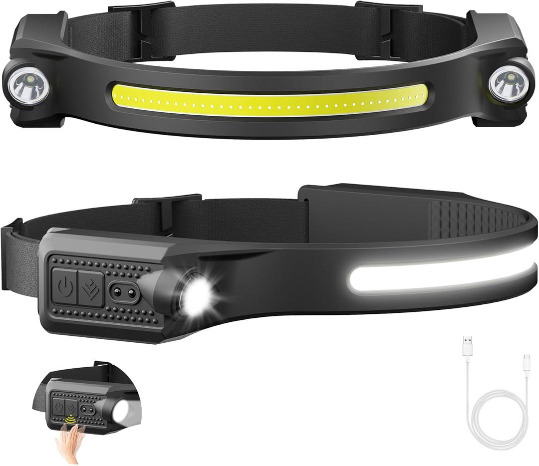 AlpsWolf LED Headlamp Rechargeable, 2 XPE LED and COB LED Head Lamp, Motion Sensor, 260 Wide Beam, IPX4 Waterproof, Rechargeable Headlight for Camping Accessories (2 Pack)