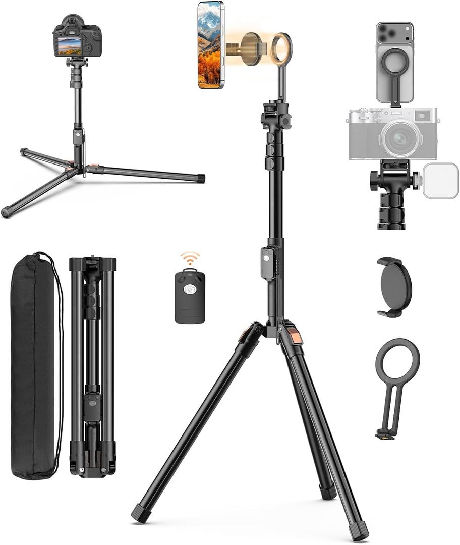 XXZU 74" Magnetic Phone Tripod with Remote & Magnetic Clip for Magsafe,Camera Tripod Stand,Tripod for Phone Camera with Cold Shoe,Compact Phone Tripod for iPhone/Android,Digital Camera Accessory Kits