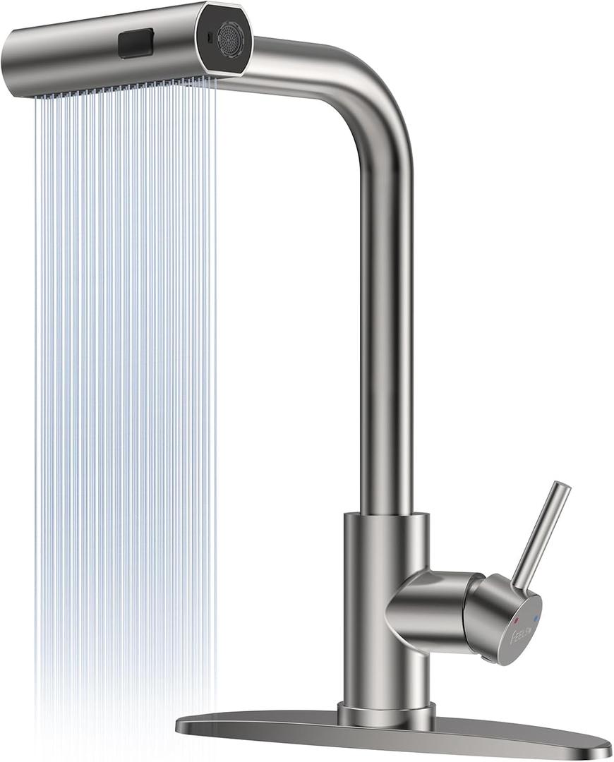 Feelso 4-Mode Kitchen Faucet with Pull Down Sprayer High Pressure Blade Spray, Waterfall & Turbo Rinse, Single Handle 1 or 3 Hole Stainless Steel Kitchen Sink Faucets for RV, Camper, Bar