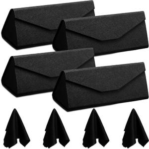 Flutesan 4 Pack Foldable Glasses Sunglasses Case PU Hard Shell Collapsible Eyeglasses Leather Case 4 Cleaning Cloths (Black)