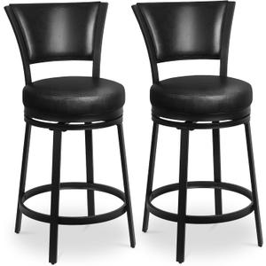 Bar Stools, Counter Height Barstools Set of 2, 25" Faux Leather Metal Round Swivel Bar Chairs with Back, Modern Upholstered Counter Stools for Kitchen Island, Black