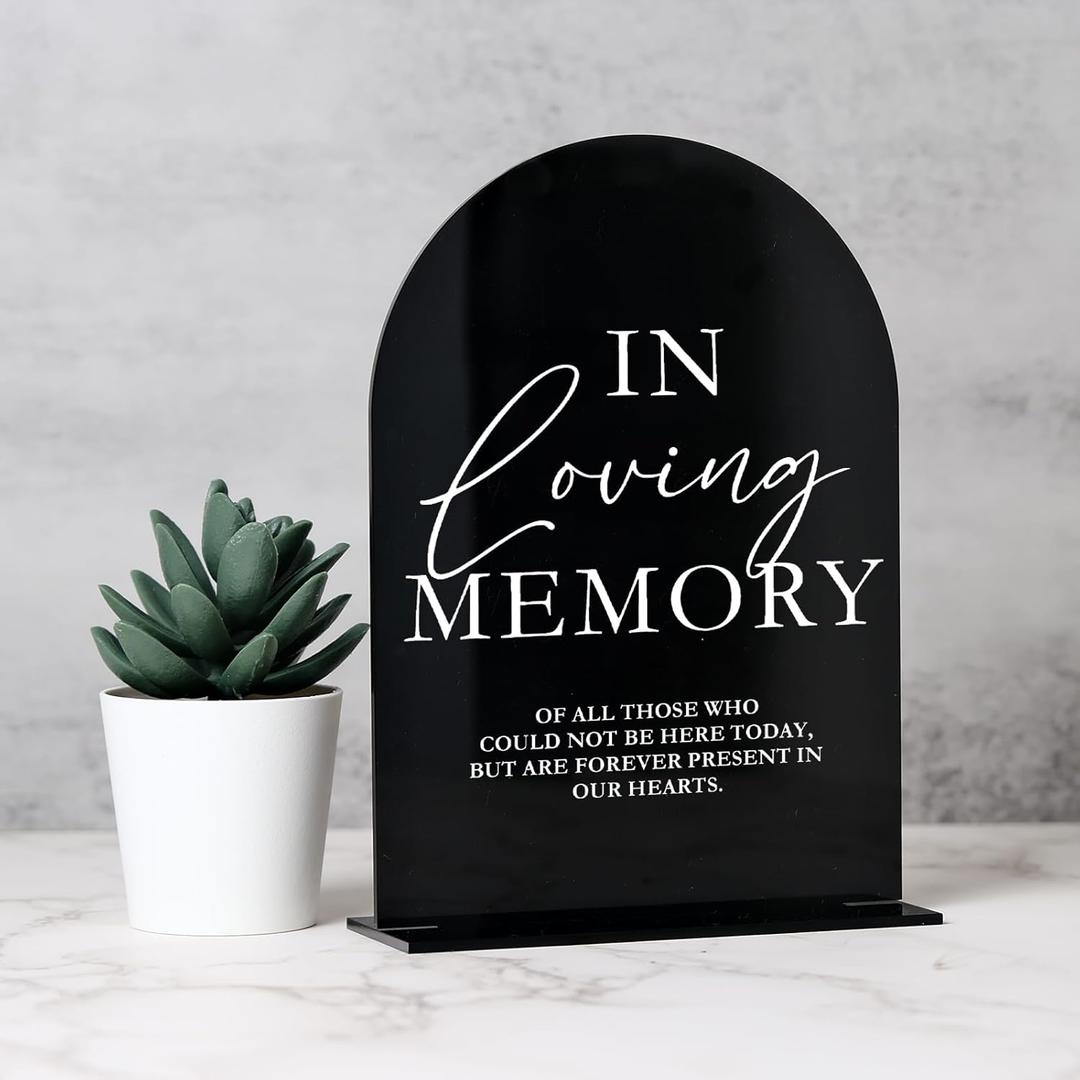 Acrylic Wedding Memory Sign with Stand- 5"x7" Black Arched Acrylic Wedding Sign and Base,1/8" Thick | Modern Calligraphy TableTop Signs for Reception & Event Party Table