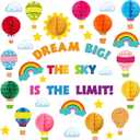 Funrous 82 Pcs Colorful 3D Hot Air Balloon Honeycomb Bulletin Board Set Hot Air Balloon Cloud Rainbow Sun Cutouts Honeycomb Bulletin Board for Preschool Kindergarten Back to School Classroom Supplies