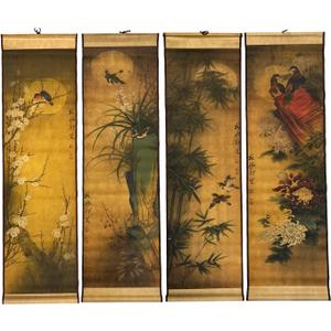 4-Piece Large Wall Scroll Hanging Painting Decor, Ancient Replica Vintage Flowers and Birds Paintings, Plum Orchid Bamboo Chrysanthemum Bird