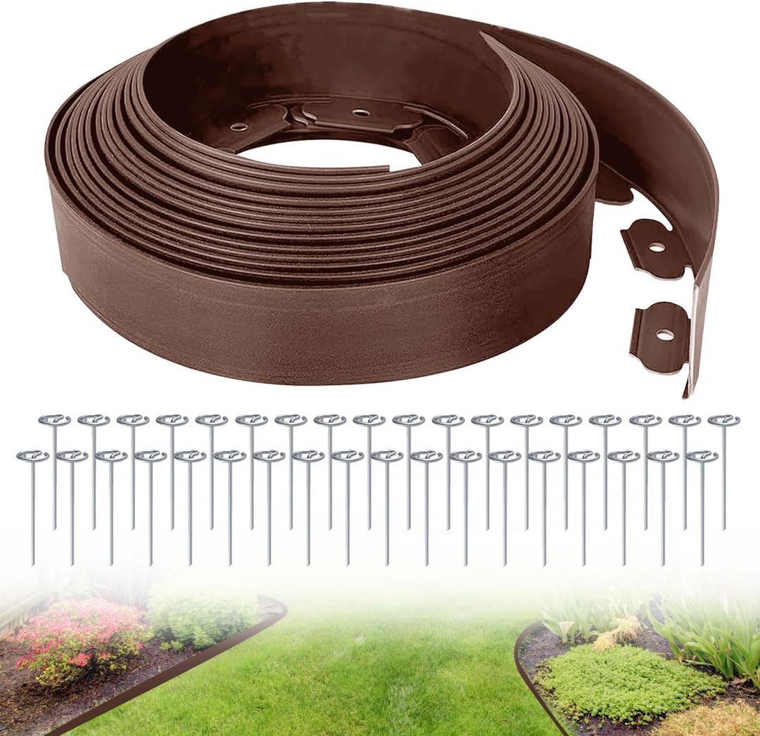 Garden Edging,100 Foot Lawn Edging Kit with 90 PCS Metal Spikes,2 Inch Tall Landscape Edging Roll for Garden, Lawn, Flower Beds, Grass, Yard (Brown)