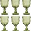 CHLJAR Vintage Wine Glasses Set of 6, 12 OZ Colored Glass Water Goblets, Embossed Floral Decorative Crystal Glass Cups Set, Dishwasher Safe, for Wedding, Party, Bars, Restaurants, Green