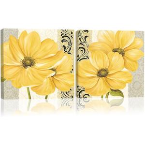Laoybho Yellow Flower Wall Decor Floral Canvas Wall Art Bathroom Abstract Art Picture Print Painting Posters Botanical Decorative Artwork for Bedroom Corridor Home Decor Unframed (16" x 16" x 2)
