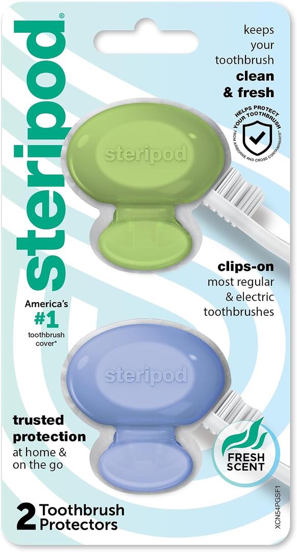 Steripod Clip-On Toothbrush Protector, Green and Blue, 2 Count