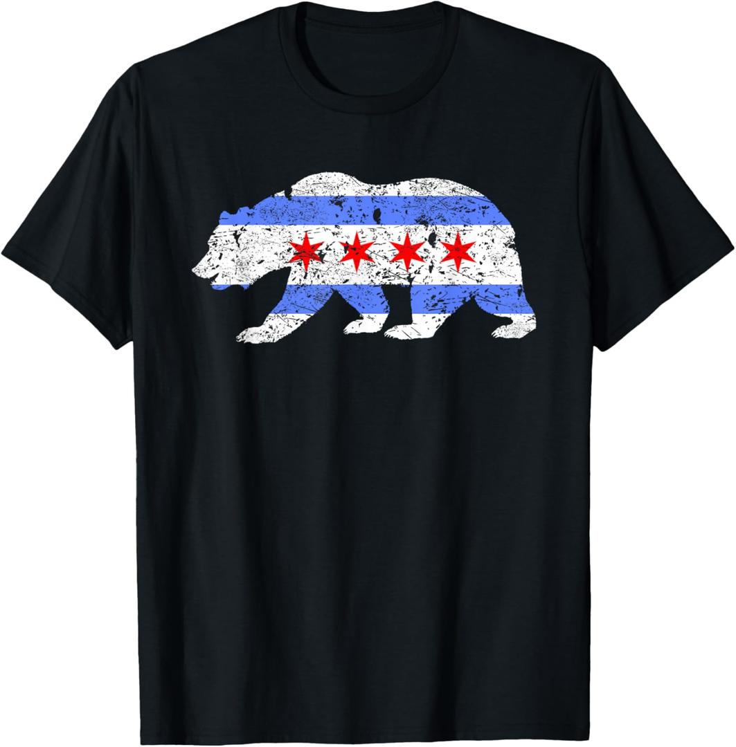 Chicago City Flag Distressed Bear Gift T-Shirt, M