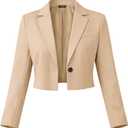 ELLEVEN Womens Cropped Blazer Business Casual Open Front Long Sleeve One Button Jacket (Beige, XS)