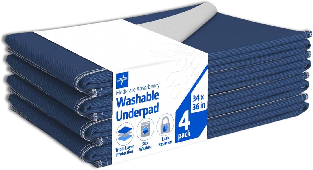Medline Washable Bed Pads for Incontinence, Large 34 x 36 inch Reusable Underpads, 4 Pack, Pee Pads for Dogs, Adults, Kids and Baby, Navy with Gray Top Sheet