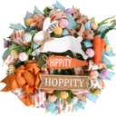 TEMPUS 18" Easter Mesh Wreath for Front Door - Handmade Carrot & Bunny Sign Spring Decor with Burlap Bow - Pastel Blue Orange Farmhouse Door Hanger