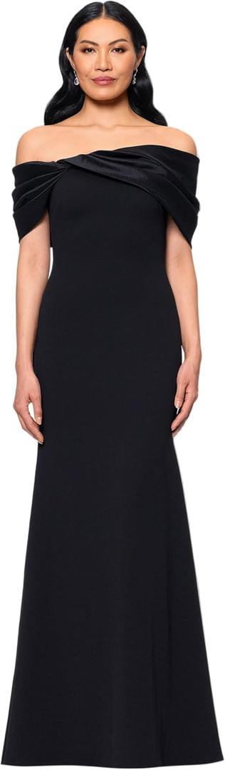 Betsy & Adam Women's Floor Length Scuba Crepe Evening Gown with Off Shoulder Taffeta Twist Neckline Formal Dress, Black Size 10