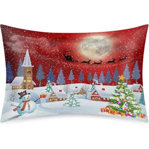 Red Christmas Landscape Satin Pillowcase for Hair and Skin, Snowman Xmas Tree Smooth Silk Pillow Covers for Sleeping Breathable Satin Pillow Case with Zipper (20"x30", Queen Size)