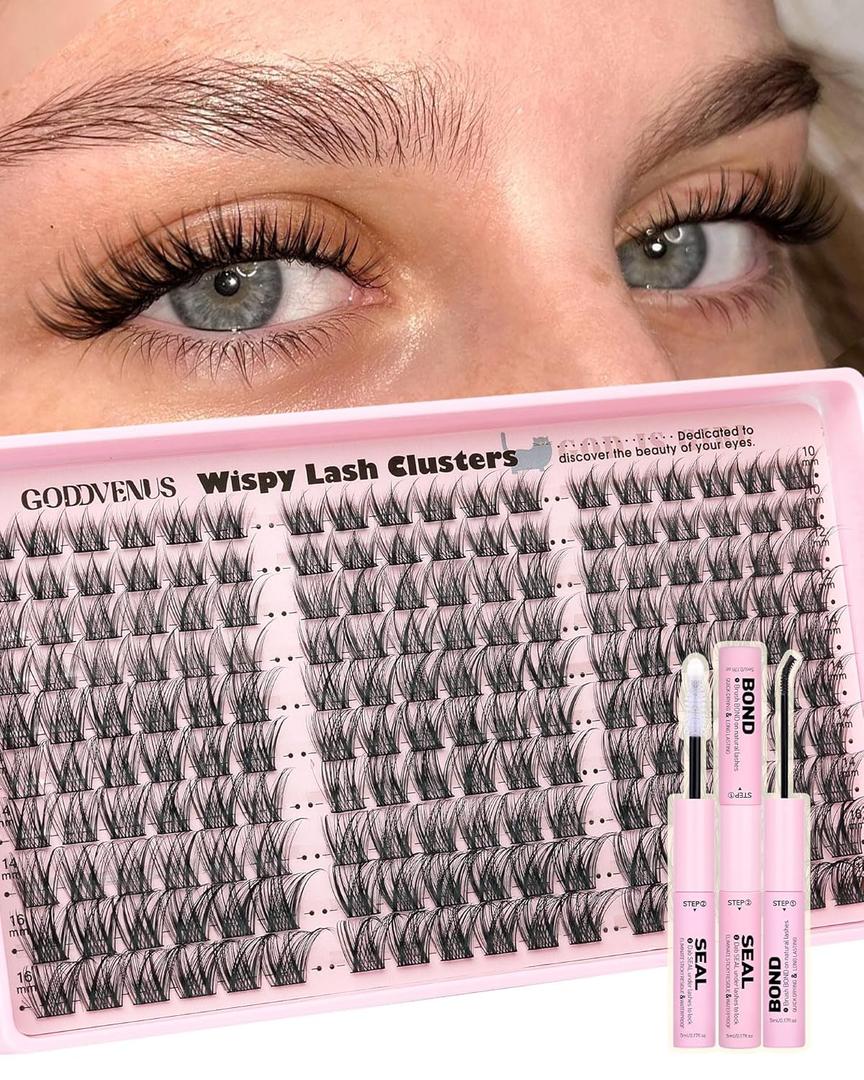 Goddvenus Lash Clusters Kit Wispy Cluster Eyelash Extensions Kit Natural DIY Lash Extension Kit 10-16mm Eyelashes Clusters 180pcs C Curl Individual Lashes Cluster Eyelash (No Tweezers)