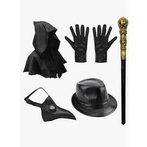 Halloween Plague Doctor Mask Accessories Adults 6 Pcs Black Steampunk Costume Crow Mask Cape Hat Gloves Cane for Cosplay