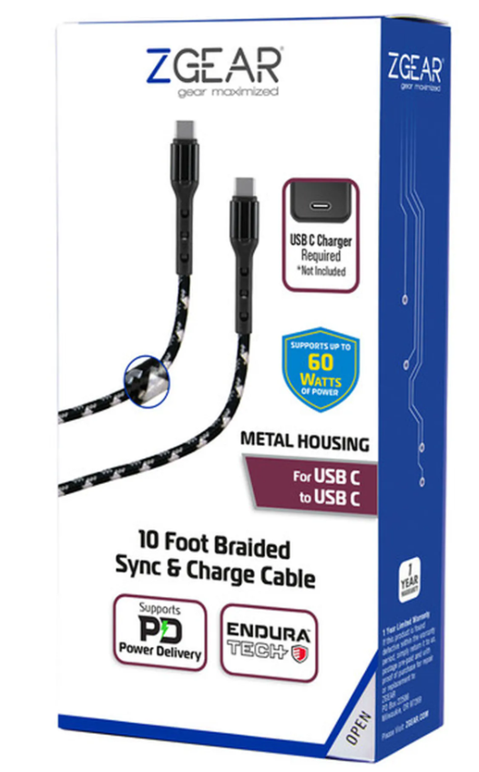 ZGEAR
METAL HOUSING
For USB C to USB C
10 Foot Braided Sync & Charge Cable
Supports PD Power
Fast Charge
ENDURA