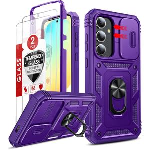 LeYi Compatible for Galaxy S24-FE Case: Samsung Galaxy S24 FE Case with Screen Protector X 2 Tempered Glass & Magnetic Stand, Dual Layer Protective S24FE Phone Case para Cell Android S 24 FE, Purple
