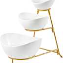 3 Tier Serving Bowls Set Tiered Serving Stand, Porcelain Oval Bowls with Collapsible Metal Stand for Entertaining, Party, Dessert Display, Candy, Chip and Dip (Gold)